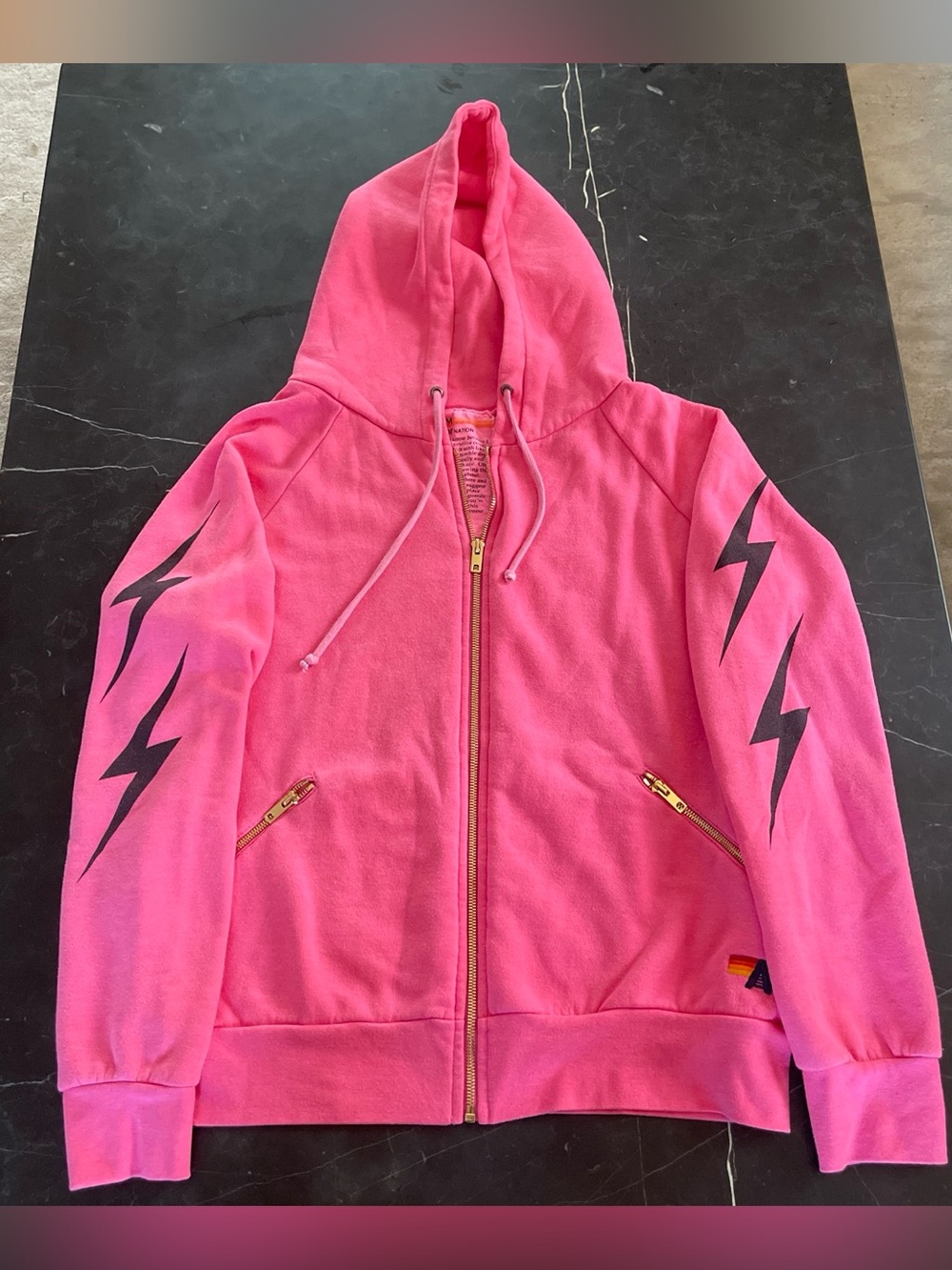 Aviator Nation Hot Pink Zip Hoodie with Black Lightning Sleeves